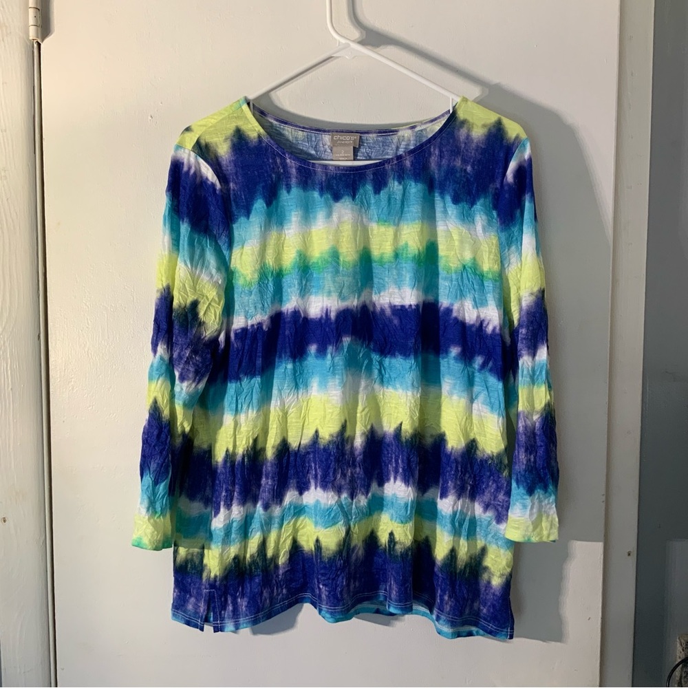 Chico’s Tie Dye Multi Color Long Sleeve Wrinkle T Shirt Sz 12 (Chicos sz 2)
